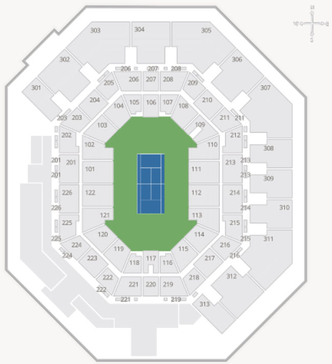 Stadium 2 seating chart showing the court and numbered seating sections